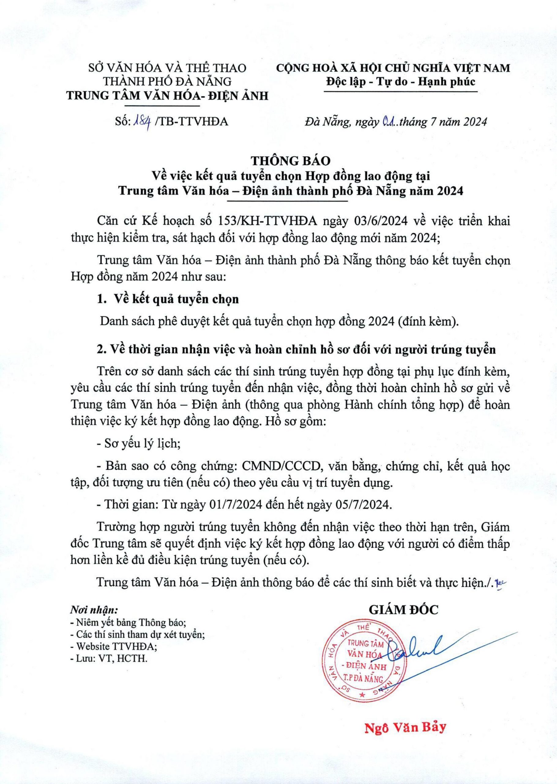 Thông báo về việc kết quả tuyển chọn Hợp đồng lao động tại Trung tâm Văn hóa – Điện ảnh TP Đà Nẵng 2024