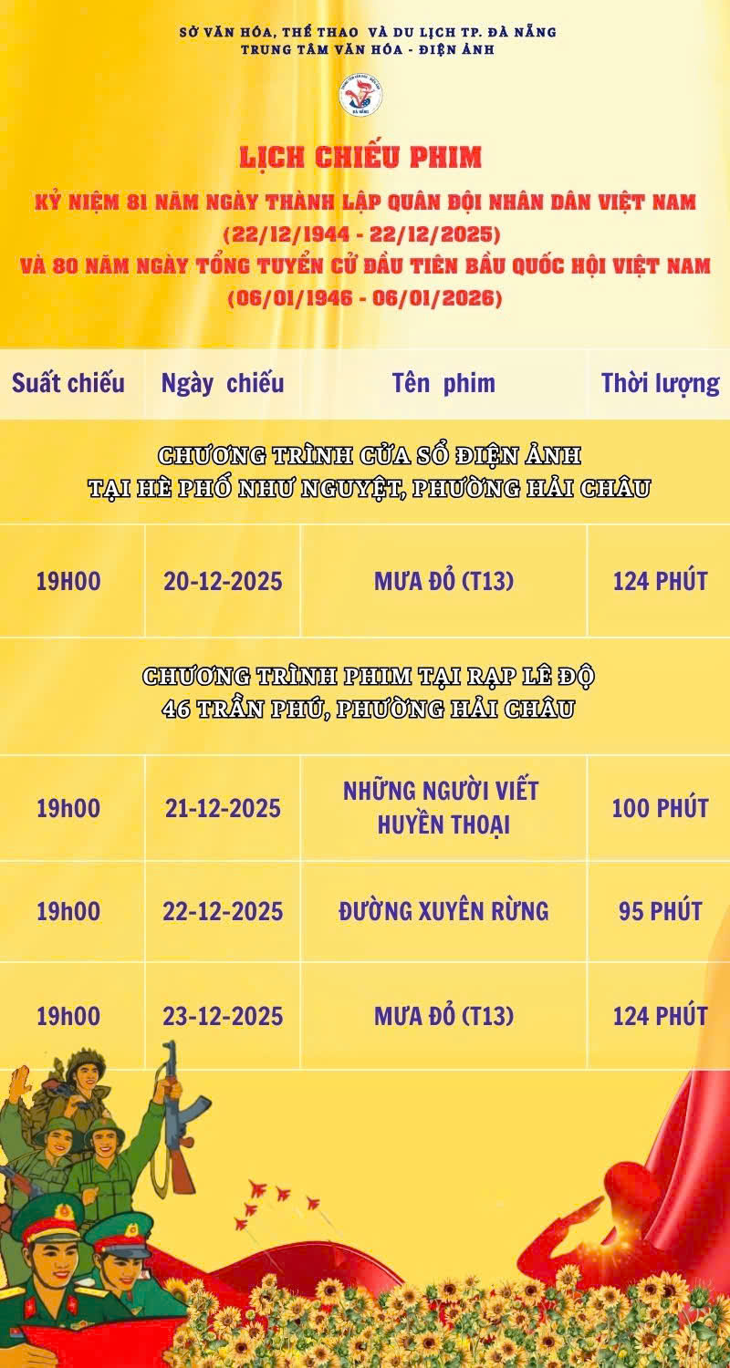 ĐỢT PHIM KỶ NIỆM 81 NĂM NGÀY THÀNH LẬP QUÂN ĐỘINHÂN DÂN VIỆT NAM (22/12/1944 – 22/12/2025) VÀ KỶ NIỆM 80 NĂM NGÀY TỔNG TUYỂN CỬ ĐẦU TIÊN BẦU QUỐC HỘI VIỆT NAM (06/01/1946 – 06/01/2026)